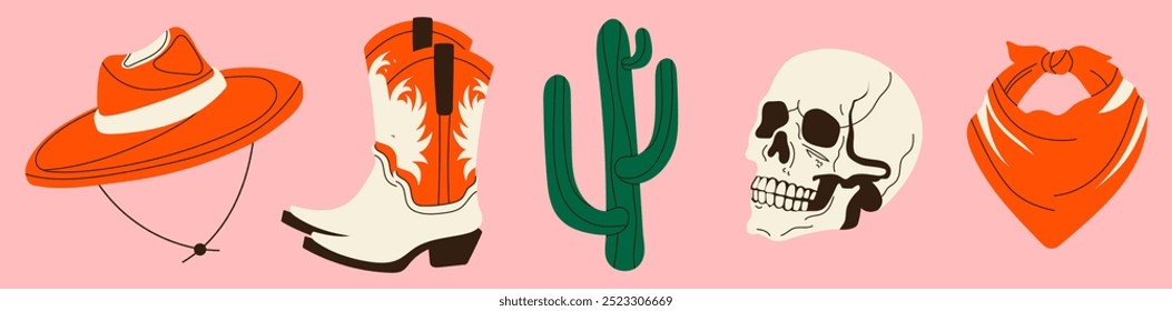 Conjunto de Elementos Wild West. Ilustración vectorial de un sombrero de vaquero, botas de vaquero, cactus, cráneo humano, pañuelo facial. Imágenes modernas para el diseño, pegatinas, carteles, Anuncios, collages