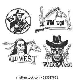 Set of Wild west emblems, labels, logos, badges and designed elements. Injun, kofboy, horse, cactus, hat, sheriff, revolvers, skull