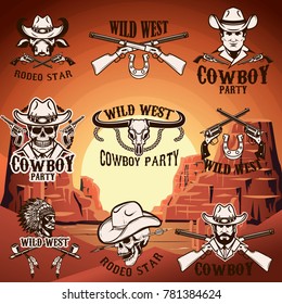 Set of wild west emblems on background with mountains. Design element for logo, label, emblem, sign. Vector illustration