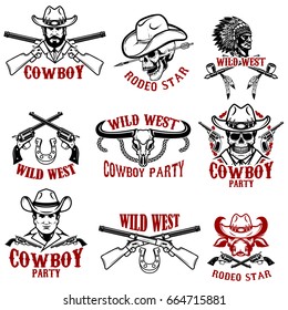 Set of wild west emblems.Cowboy, weapon, native americans. Design elements for label, emblem, sign. Vector illustrations.