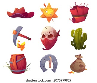 Set of wild west icons cowboy hat, sheriff star label, dynamite and pickaxe, skull in mask, cactus and broken wooden barrel, horseshoe on rope and sack with gold coins, Cartoon vector illustration