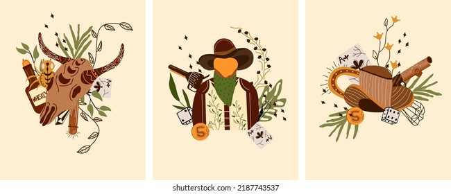 Ponga el afiche Wild West con un personaje de sheriff en el sombrero, un cráneo animal, un whisky de botella, sombrero de vaquero, pistola y otros. Más al viejo oeste en un estilo plano. Ilustración del vector