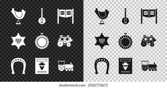 Set Wild west saddle, Banjo, Saloon door, Horseshoe, Wanted western poster, Retro train, Hexagram sheriff and Canteen water bottle icon. Vector