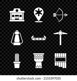 Set Wild west saloon, Hexagram sheriff, Bow and arrow in quiver, Cactus peyote pot, Drum, Pan flute, Camping lantern and Kayak or canoe paddle icon. Vector