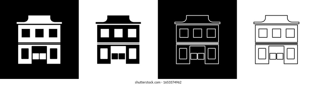 Set Wild west saloon icon isolated on black and white background. Old west building.  Vector Illustration