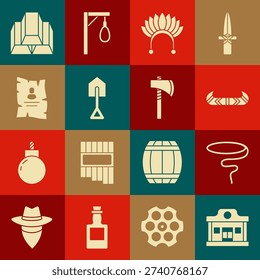 Set Wild west saloon, Lasso, Kayak or canoe and paddle, Indian headdress with feathers, Shovel, Wanted western poster, Gold bars and Tomahawk axe icon. Vector