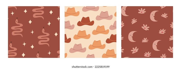 Set of wild west seamless patterns with cowboy hats, snakes, stars, moon and flowers. Mystical boho vector backgrounds