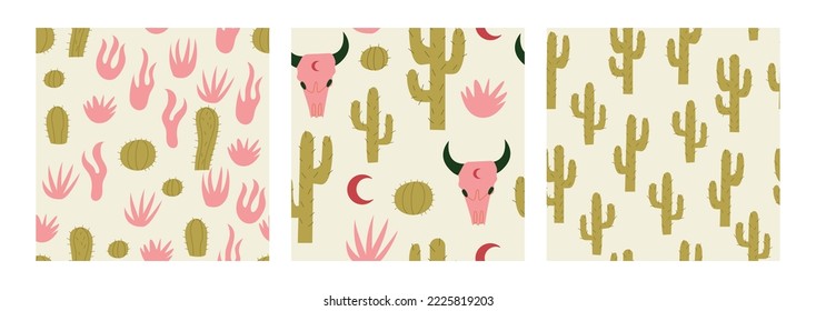 Set of wild west seamless patterns with bull skull, cactuses, grass and moon. Western boho vector backgrounds