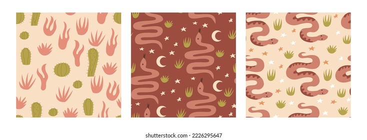 Set of wild west seamless patterns with snakes, grass, cactuses and moon. Mystical boho vector backgrounds