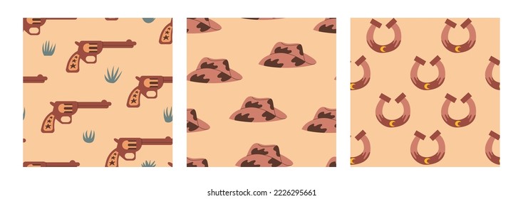 Set of wild west seamless patterns with gun, cowboy hat and horseshoe. Western vector backgrounds