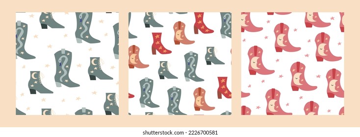 Set of wild west seamless patterns with various cowboy boots. Western boho vector backgrounds