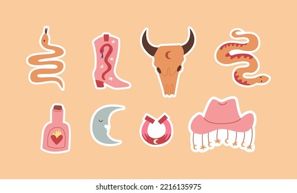 Set of wild west stickers. Snakes, bull skull, cowboy hat, boots, moon, rum bottle and horseshoe. Vector flat illustration on isolated background