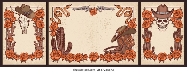 A set of wild West style frames with human and cow skulls with horns, revolvers, roses and a cowboy hat. Vector graphics featuring bones and flowers