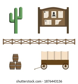 Conjunto de artículos vintage salvajes del oeste en estilo plano. Cactus, tablero de anuncios, barriles, furgoneta y valla aislados sobre fondo blanco