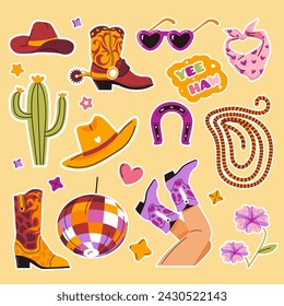 Un conjunto de pegatinas con el tema del salvaje oeste. Botas de vaquero, cactus, herradura y bandana con sombrero de vaquero y gafas en forma de corazón. Ilustración vectorial moderna en estilo plano y de dibujos animados.