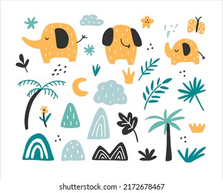Set of wild yellow elephants. Cute african animals with tropical plants. Collection of vector graphic elements. Childish baby illustrations.