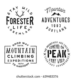 Set of wilderness badges in retro vintage style, monochrome logos, typography design