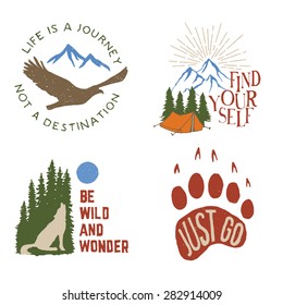 set of wilderness hand drawn typography posters, emblems and quotes. artworks for hipster wear. vector Inspirational illustration 