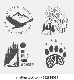 set of wilderness hand drawn typography posters, emblems and quotes. artworks for hipster wear. vector Inspirational illustration 