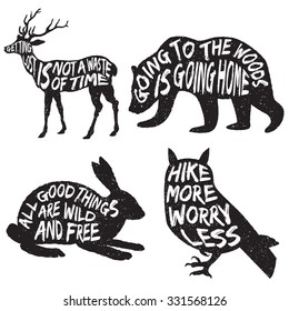 set of wilderness inspirational typography posters and quotes. artworks for wear. vector illustration