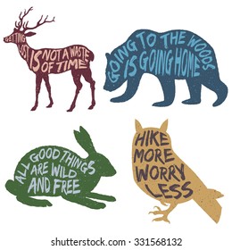 set of wilderness inspirational typography posters and quotes. artworks for wear. vector illustration