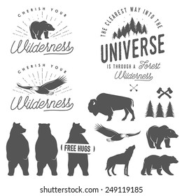 Set of wilderness quotes, emblems, silhouettes and design elements