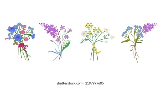 Set of wildflower bouquets. Different flowers in cartoon style.