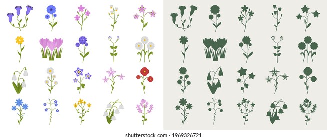 Un conjunto de flores silvestres en un estilo plano y siluetas. Ilustración vectorial de las flores.