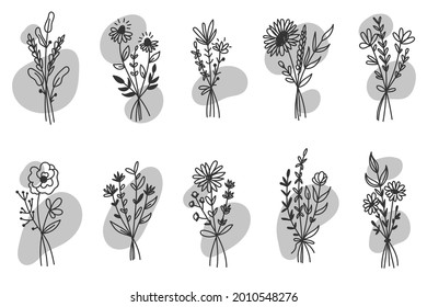 Set of wildflowers. Floral icons, Vector hand drawn flower elements, doodles collection design,  wedding card, invitation.