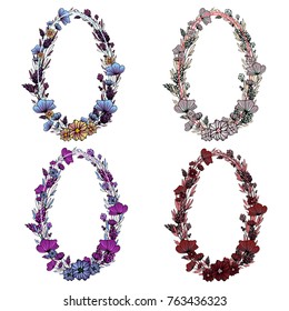 Set of wildflowers frames clipart, branch and leaf clipart, oval forms, doodle style elements