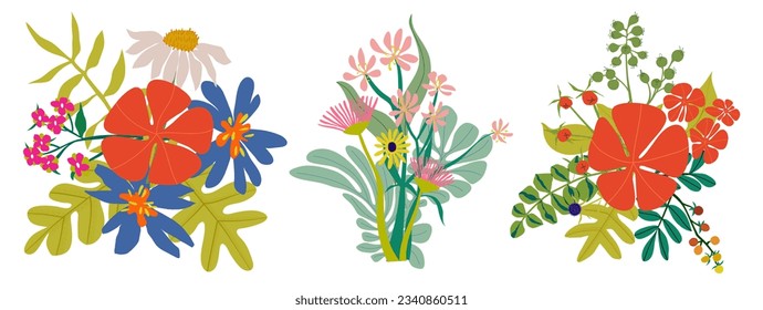 Set of wildflowers and garden bouquets of colorful flowers. Blooming floral arrangements isolated on white background. Bundle of bouquets. Vector collection of decorative flat floral design elements.