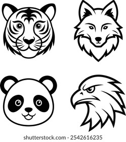 A set of wildlife animal head line art vector illustrations features finely detailed, minimalistic outlines of various animals like lions, bears, wolves, and deer.