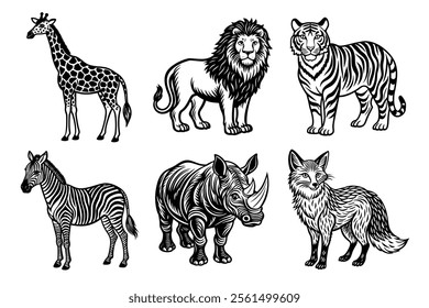 Set of Wildlife Animal Line Art Illustration