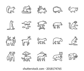 Set of wildlife animal outline icon set, such as tiger, monkey, 64x64 pixel of artboard, white background