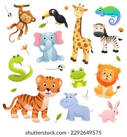 Juego de dibujos animados de animales salvajes con elementos naturales decorativos . Vector.