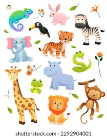 Set of wildlife animals cartoon character with decorative natural elements . Vector .