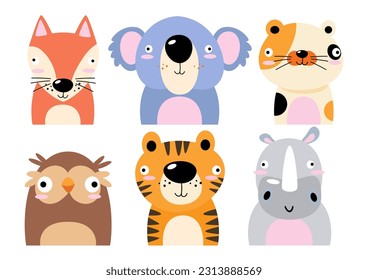 Set of wildlife animals . Dumb face . Vector illustration .