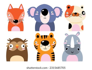 Set of wildlife animals . Dumb face . Vector illustration .