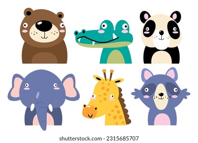 Set of wildlife animals . Dumb face . Vector illustration .