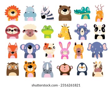 Set of wildlife animals . Dumb face . Vector illustration .