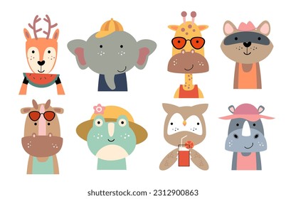 Set of wildlife animals with summer costume . Vector illustration .
