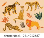 Set of wildlife animals vector illustrations, collection of tiger, lion, cheetah, leopard exotic plants, tropical leaves isolated on a light background. Bundle of wild cats art