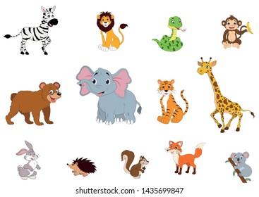 Set of wildlife animals. zebra, lion, snake, monkey, bear, elephant, tiger, giraffe, rabbit, hedgehog, squirrel, fox, koala.eps