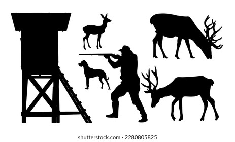 Set Wildlife forest landscape hunt hunting hobby background banner illustration vector for logo - Black silhouette of hunter perch stand, deer, dog and hunter, isolated on white background	
