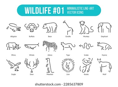 Set of Wildlife Icons Minimalistic and simple Line illustrations - Eighteen animals