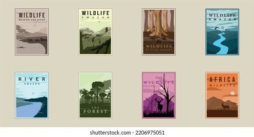 set of wildlife poster vintage minimalist vector illustration template graphic design. bundle collection of various forest outdoor nature concept at jungle lake river amazon and meadow