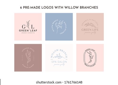 Set of Willow branch with leaves logo design template in simple minimal linear style. Abstract Feminine Vector Signs with Floral Illustration for Beauty Studio, SPA, Organic cosmetics, creative studio