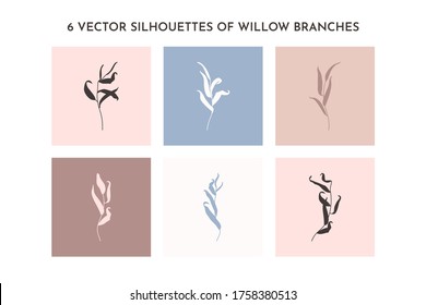 A set of willow branch silhouettes with leaves in a simple minimalistic style. The elements of Botanical design. Floral vector illustration. For print on t-shirts, web design, posters, creating logos