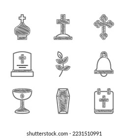 Set Willow leaf, Coffin, Calendar with Easter, Church bell, Christian chalice, Grave tombstone, cross and church tower icon. Vector