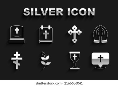 Set Willow leaf, Hands in praying position, Location church building, Christian chalice, cross, Grave with tombstone and Calendar Easter icon. Vector